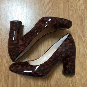Patent leather animal print chunky heel pumps